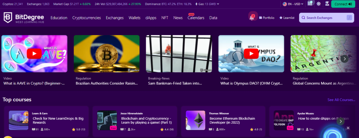 Pantalla principal de acceso a la plataforma de BitDegree