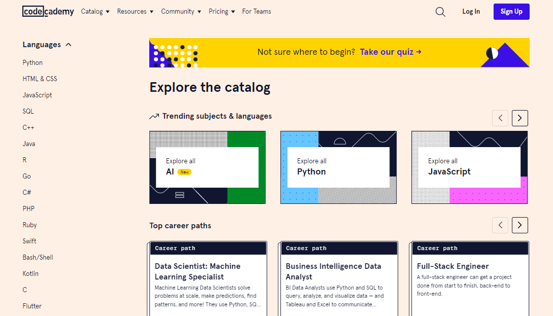 Catálogo de cursos disponibles en Codecademy.com