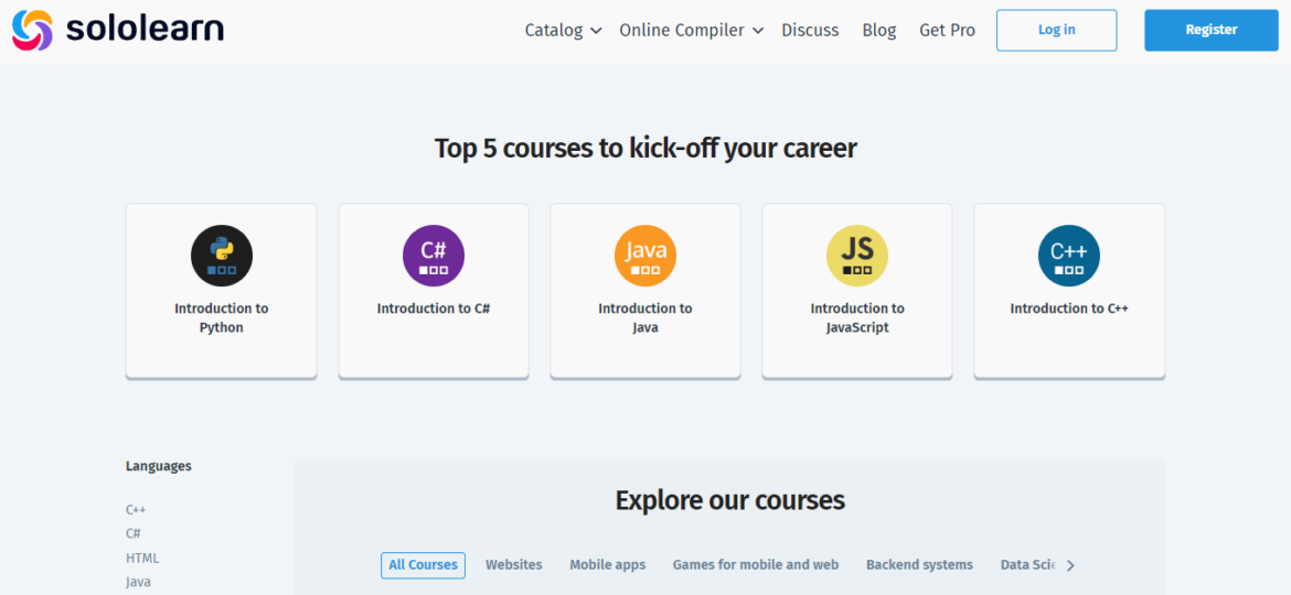 Catálogo de cursos online en Sololearn