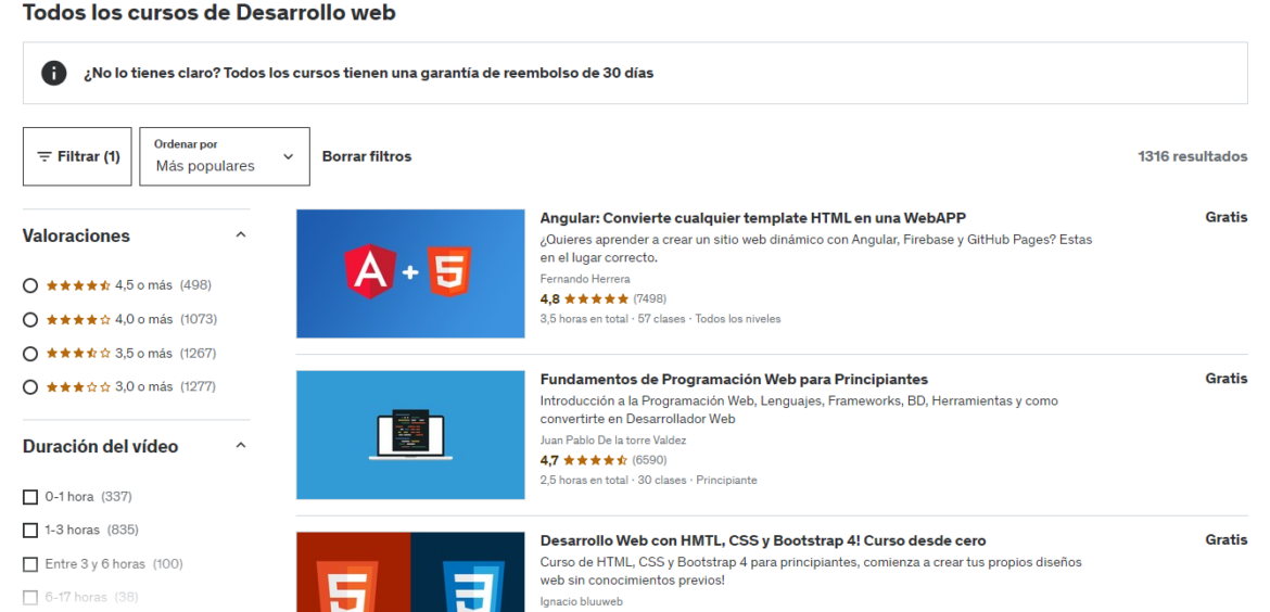 Buscador de cursos gratis de desarrollo web en Udemy